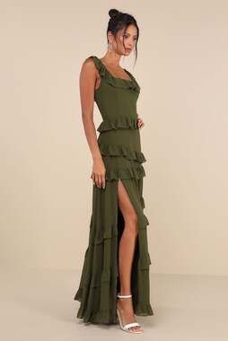 Olive Green Dress - Ruffled Tiered Dress - Tiered Maxi Dress -